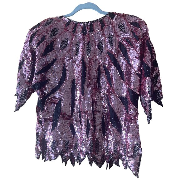 Vintage Womens Top Size 44 Pink Handmade Beaded Sequin Flame Pattern Pure Silk - Picture 10 of 13